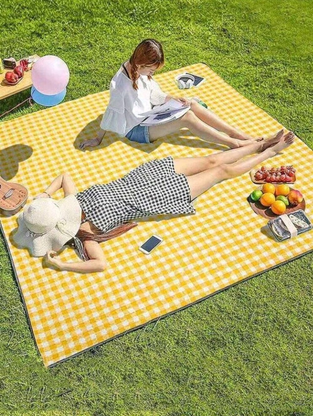 New Orange Yellow Gingham Picnic Large Mat Foldable Waterproof 77.5 in Square